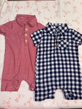 Me & Henry 2 Piece Rompers Navy Gingham Red Striped Polo Rompers 0/3M Boys